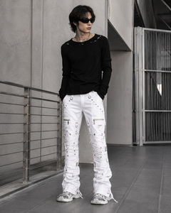 DiZNEW Jeans empilés blancs personnalisés pour hommes, pantalon cargo en denim à lacets, fabricant certifié BSCI, usine auditée OEM ODM - Product Image 3
