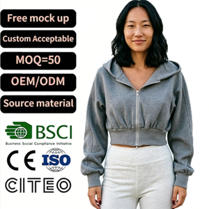<span class=keywords><strong>Sudadera</strong></span> con capucha gris para mujer, con cremallera, hombros caídos, manga farol, top corto, estilo casual, holgada, para otoño e invierno, ropa urbana - Product Image 1