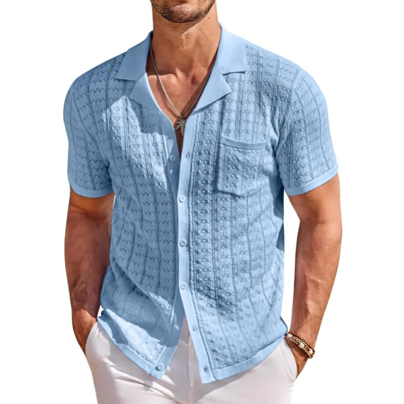 남자 니트 버튼 다운 셔츠 반소매 빈티지 셔츠 여름 캐주얼 비치 탑 남성용 면 프린트 셔츠