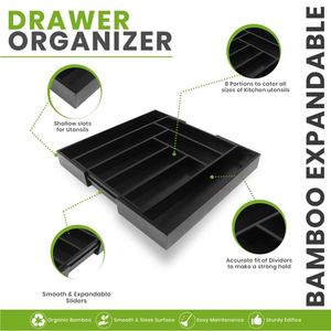 Organisateur de tiroir de cuisine en bambou noir réglable et extensible pour couverts et ustensiles de cuisine - Product Image 3