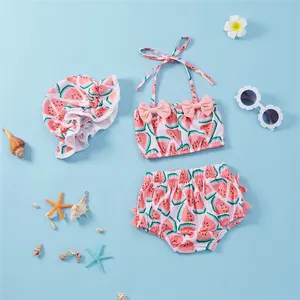 女孩三件套粉色西瓜比基尼泳装套装夏季儿童女婴泳装儿童沙滩装