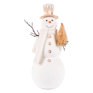 Whimsical White Snowflake Hat Snowman Sculpture Holding Gold Tree for Luxe Winter Party Decor New - Product Image 1