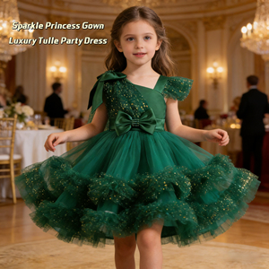 Robe de demoiselle d'honneur élégante et formelle, style princesse, coupe trapèze, unie, avec nœud, manches à volants carrés, longue traîne, 7 ans, pour anniversaire, <span class=keywords><strong>mariage</strong></span>, mignonne - Product Image 1