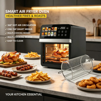 Freidora de Aire Eléctrica de 12L, 1800W, Pantalla Táctil Inteligente LCD, Control por Aplicación, OEM ODM de Fábrica Directa con Cesta Giratoria
