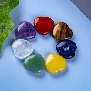 Natural Polished Crystal Chakra Heart Stone Healing Crystal Quartz Heart Love Gemstone with Wooden Metatron Crystal Grid
