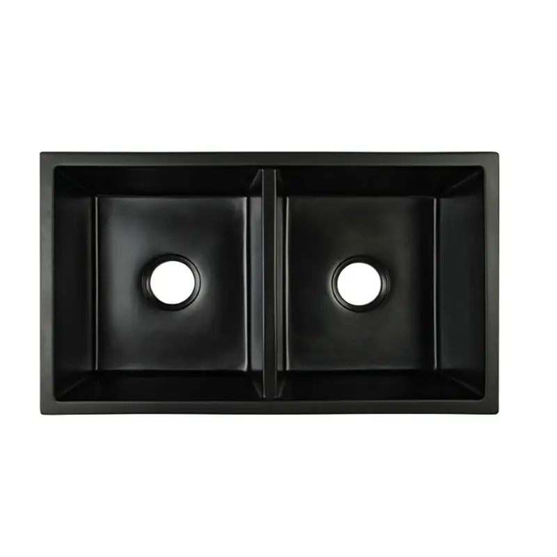 Pia de cozinha composta de granito quartzo, estilo europeu, preto, com tigelas duplas