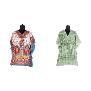 Caftán corto de algodón estampado con cuello en V de longitud completa para mujer, diseño de moda, caftán de algodón estampado Floral a la moda con cuello en V informal - Product Image 1