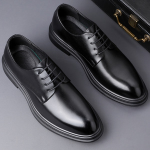 Chaussures habillées en cuir à lacets pour hommes, à bout pointu, noires, avec talon compensé invisible, pour affaires, mariages, jeunesse 18-40 - Product Image 1