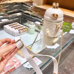 380毫升/580毫升兔耳可爱塑料水壶带吸管珍珠金属链带便携式儿童水壶 - Product Image 5