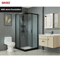 SINRO Cabine de douche moderne à cadre noir mat, avec porte coulissante en verre trempé et receveur en pierre