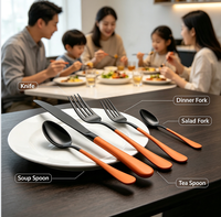 Ensemble de vaisselle plaqué titane noir avec poignée peinte à la bombe orange pour hôtel, restaurant, mariage, traiteur, repas à domicile