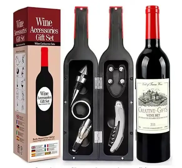 2024 New Design Wine Opener Gift Set Bar Accessories 5 Pcs Bottle Shape Wine Corkscrew with Foil Cutter Wine Pourer and Stopper