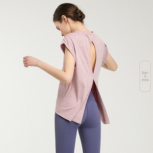 <b>Women</b> <b>Cap</b> Sleeve Yoga T Shirt Cross Split Open Back Loose Fit Quick Dry Breathable Workout Top <b>Running</b> Pilates Sports Tee - Product Image 1