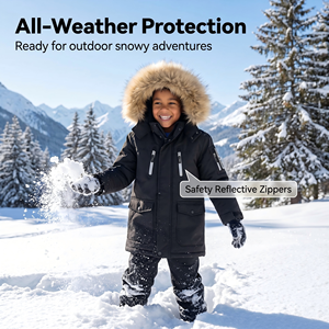 Veste parka cargo noire pour enfants <span class=keywords><strong>avec</strong></span> <span class=keywords><strong>capuche</strong></span> en fausse <span class=keywords><strong>fourrure</strong></span>, manteau d'hiver chaud et coupe-vent rembourré pour garçons - Product Image 4