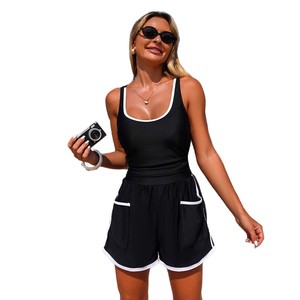 Maillot de bain une pièce pour femmes, couleur unie, col rond, avec poches, pour les sports nautiques de plage - Product Image 4