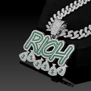Conjunto de Cadena Cubana con Colgante Iced Rich, Chapado en Oro, Diamantes de Circonita, Collar Hip Hop, Letra de Aleación con Esmalte Verde, Amuleto de Bolsa de Dinero, Regalo - Product Image 5