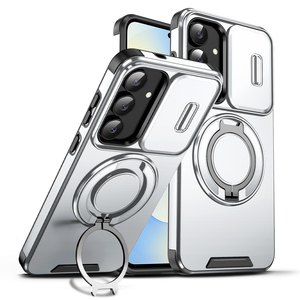 Coque robuste avec protection d'objectif coulissante pour Samsung S25 <span class=keywords><strong>FE</strong></span>, étui rigide avec béquille rotative et support anneau, noir - Product Image 3