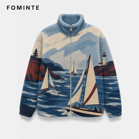 Großhandel Segel-Print Polar Fleece Jacke Damen Winter Warme Sherpa Flauschige Jacke Streetwear Stehkragen Reißverschluss Oberbekleidung