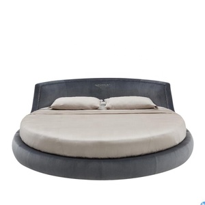 Juego de Muebles de Dormitorio Modernos en Oferta, Camas Circulares de Tela Azul para Adultos, Cama Redonda Doble de Lujo de Terciopelo Tamaño King para Hotel - Product Image 5