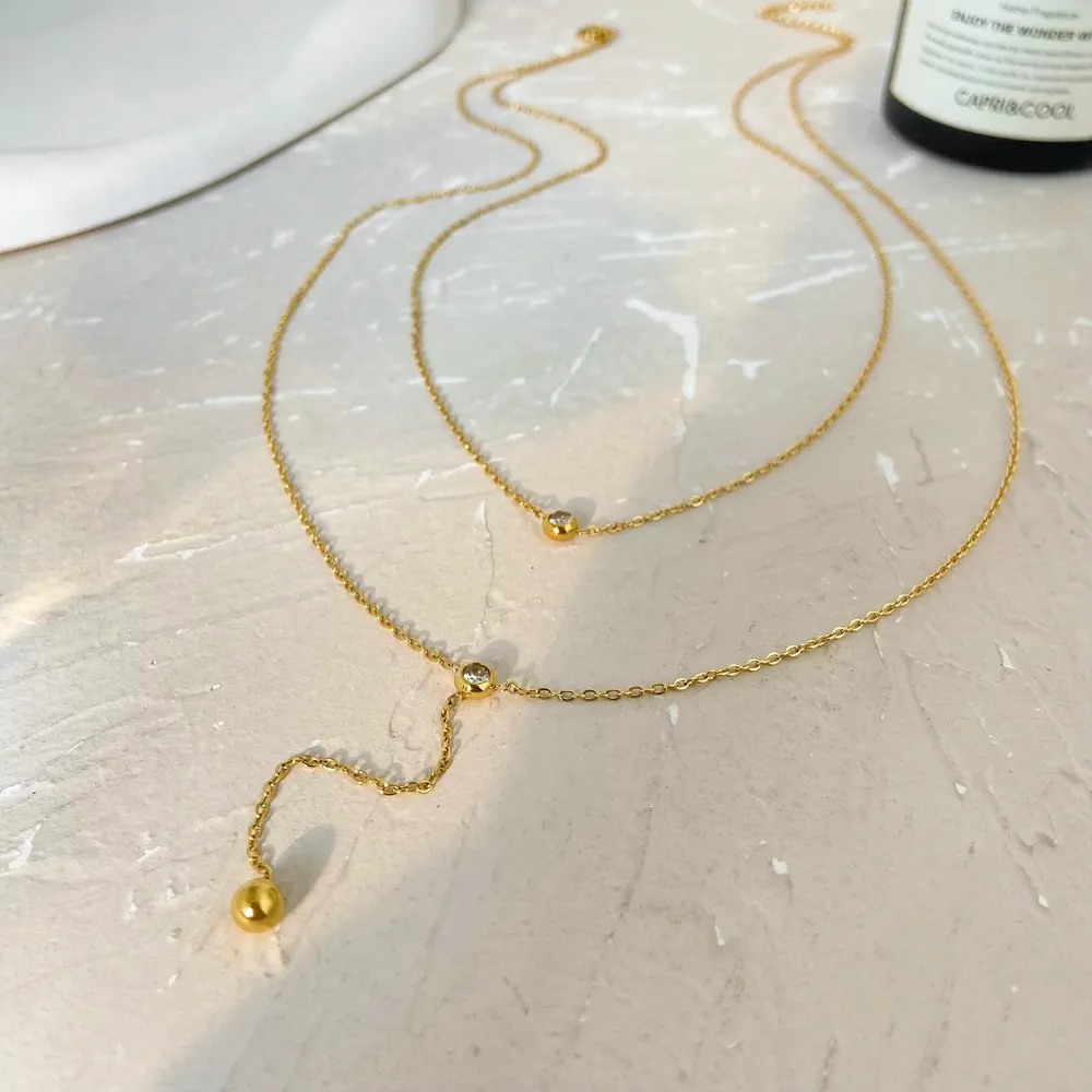 18K gold stainless steel Y-shaped exquisite chain fashion jewelry 2024 double layer sparkling water drop zircon necklace