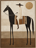 Peinture sur toile Wabi Sabi vintage représentant un cavalier équestre, art mural figuratif aux tons terreux pour la décoration de hall d'hôtel, villa ou bureau