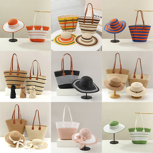Set 2 Pezzi da <span class=keywords><strong>Donna</strong></span>: <span class=keywords><strong>Borsa</strong></span> Tote in Paglia Intrecciata e Cappello di Paglia con Protezione Solare, <span class=keywords><strong>Borsa</strong></span> a Spalla a Righe Grande Capacità per la Spiaggia - Product Image 3