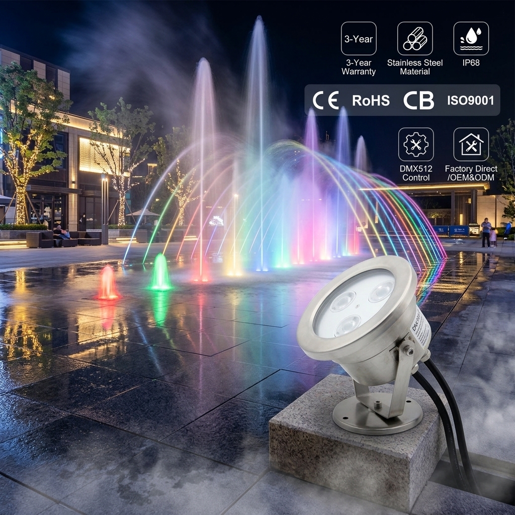 Wholesale IP68 Waterproof Stainless Steel DMX512 RGB Warm White 3000k LED Dimmable Ra80 Fountain Underwater Light Outdoor Pool