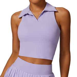 Zechuang – débardeur de sport à col polo pour femmes, haut court, couleur unie, pour fitness, course à pied, tennis, violet, CBX8600 - Product Image 1