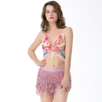 2 pièces Crop top femme à paillettes scintillantes, bustier plongeant sexy, à lacets papillon, pour rave, Halloween, tenue de clubwear et de danse orientale, en polyester