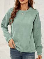 Sweat-shirt en velours côtelé épais et lourd pour femme, 400 GSM, en coton, brodé, uni, délavé à l'acide, coupe ample, col ras du cou, côtelé