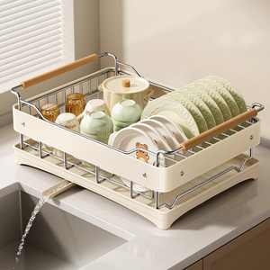 Kitchen Metal Creamy Style Non-Folding <b>Dish</b> Bowl Storage <b>Rack</b> Shelving Unit Multi-Functional Countertop Draining <b>Rack</b> Holder - Product Image 5