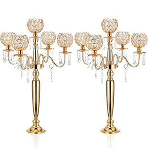 Alto Piso Castiçais Suporte do candelabro do ouro 5 Braço Candelabros Centerpieces com cristal frisado para a mesa