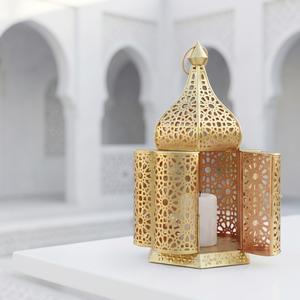 Lanterne porte-bougie marocaine en métal doré de luxe moderne avec un design unique, décoration artisanale pour la maison, lanterne de table - Product Image 1