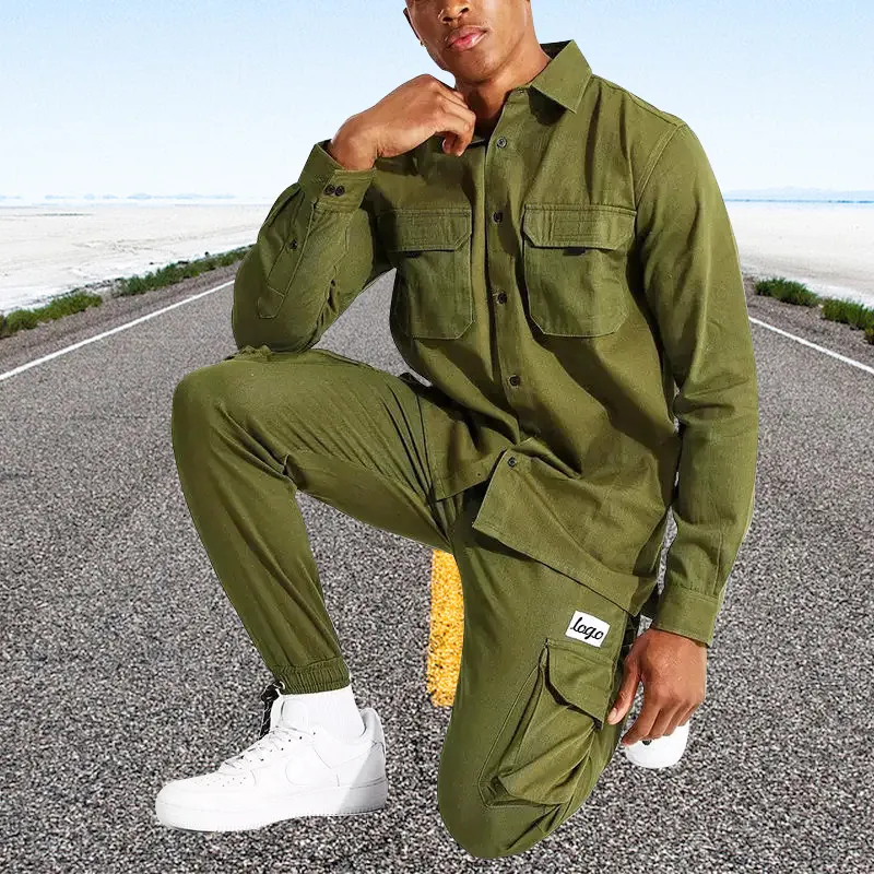 Amazon Supplier Army Green Official Utility Shirts & Trouser Two Pieces Men's Jogger Suites Set