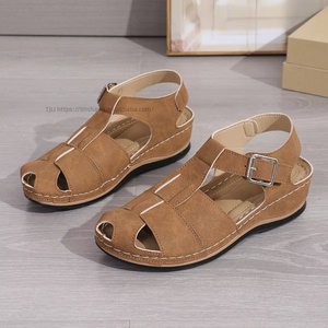 Women <b>Closed</b>-<b>Toe</b> <b>Sandals</b> Thick Sole Summer New Style Large Wedge Hollow Out European American Style Woven Beach <b>Sandals</b> - Product Image 2