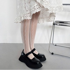 Lolita Style Hollowed Out Vertical Stripe Lace Heart Stockings For Women Ultra Thin 0D Transparent Black And White Netting - Product Image 4