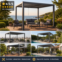 Villa Pergola en aluminium bioclimatique avec toit à lames orientables électriques, éclairage LED, rideaux, télécommande, revêtement poudré, gazebo de jardin