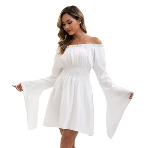 Vestido Renacentista Blanco con Hombros Descubiertos para Mujer, con Cinturón de Corsé Marrón, Manga Larga, Disfraz - Product Image 4