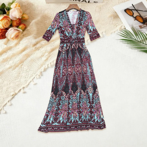 Abito Lungo Elegante da Donna in <span class=keywords><strong>Bordeaux</strong></span> e Azzurro con Stampa Etnica Retrò Paisley, <span class=keywords><strong>Maniche</strong></span> Corte e Vita Annodata - Product Image 2