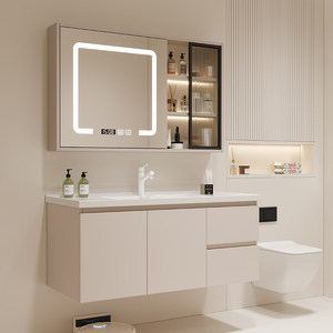 Ensemble de meubles de salle de bain modernes en bois massif couleur crème, résistant à l'eau, avec vasque en céramique intégrée, miroir, pour hôpital et appartement - Product Image 5