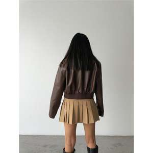 Blouson en cuir pour femme marron avec col en fourrure - Product Image 3