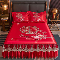Ensemble de jupe de lit rafraîchissante en soie de glace brodée de 3 pièces de style moderne avec draps plats ajustés pour une utilisation en toutes saisons