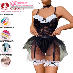 Nuovo Set Lingerie Seducente in Pizzo di Poliammide con Ricami e Rete, <span class=keywords><strong>Uniforme</strong></span> <span class=keywords><strong>da</strong></span> <span class=keywords><strong>Cameriera</strong></span> Sexy per Nightclub - Product Image 1