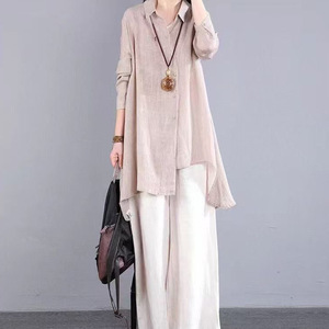 Irregular Design Polo Collar Cotton Linen Long Sleeve Shirt Women's Solid Color Asymmetric Mid Length Spring Summer Style - Product Image 1