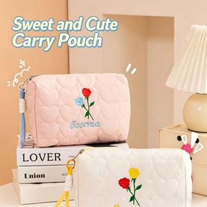 Sac de maquillage en toile écologique matelassé avec broderie de roses, fermeture éclair, 20L, poignée souple, résistant à l'eau, sac de voyage - Product Image 3