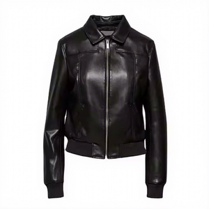 <b>Womens</b> Real <b>Black</b> Leather Bomber Jacket Shirt Collar Zip Front Ribbed Hem Slim Fit <b>Coat</b> Custom <b>Winter</b> Warm Ladies Outerwear - Product Image 1