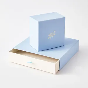 Europe Market Custom Logo Light Blue Luxury Paper Box Jewelry Paper Packaging Pull out Gift Box With Ribbon