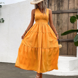 Popular europeo y americano 2024 nuevo verano de las mujeres con cuello en V elegante sólido sin mangas vestido grande Swing - Product Image 3