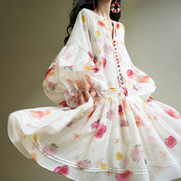 Robe Courte Décontractée Bohème à Col en V Personnalisé en Mousseline d'Été avec Manches Bouffantes Longues et Volants Imprimé Floral pour Femme