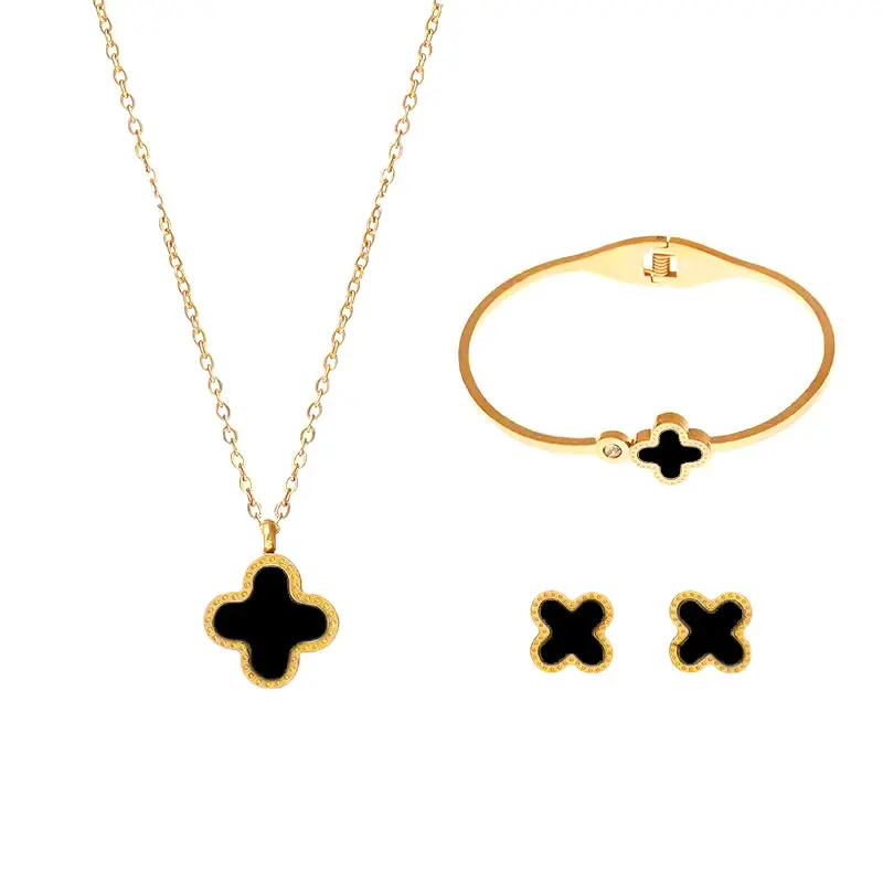 New Design 18K Gold PVD Stainless Steel 4 Leaf Clover Flower Necklace Earring Bracelet Jewelry Set For Women T-01